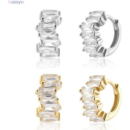 Lozoya 925 Sterling Silver Gold Square Zircon Huggies Clips Piercing Pendientes Luxury Jewelry Clips Fine Jewelry Rock Punk