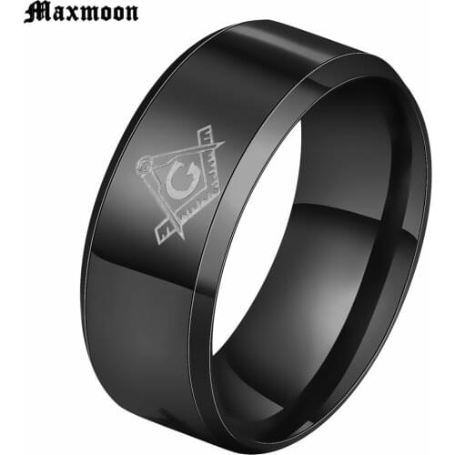 Maxmoon Hot 8mm Brushed Gold-Color Masonic Stainless Steel Titanium Band Men Ring Cool Black Freemason Male Rings