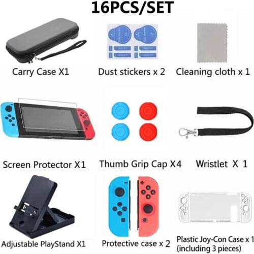 16 in 1 For Nintend Switch Accessories Kit Silicone Protective Transparent Case Screen Saver Caps for Joystick Adjustable Stand