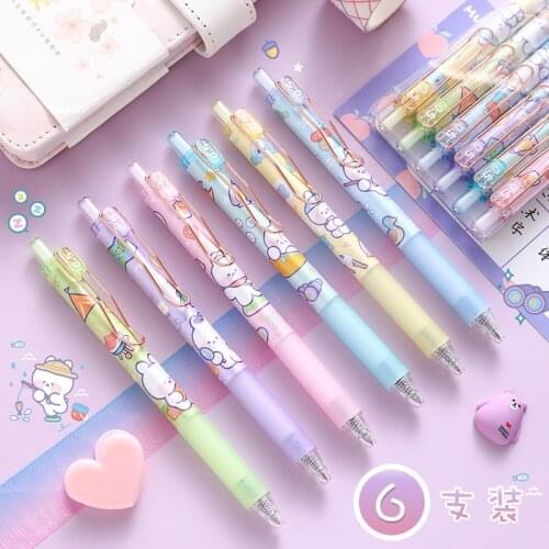 6Pcs Gel Pen Set Cute Cartoon Retractable Gel Pens 0.5mm Black Ink Writing Pen Office&school Supplies Stationery