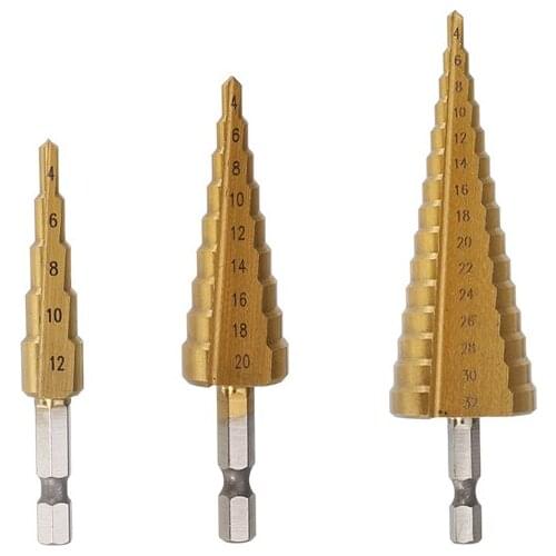 3Pcs 1/4 Inch Hex Shank HSS Titanium Coated Step Drill Bit Set 4-12/4-20/4-32mm in Pouch