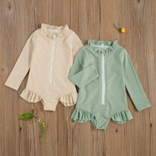1-5Y Toddler Kids Baby Girls Swimwear Knitted Front Zipper Long Sleeve Ruffles Summer Swimsuit One Piece Bathing Swimming Suit