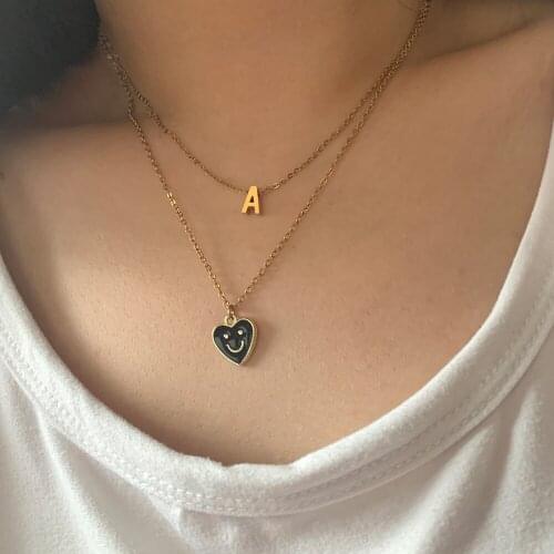 Cute Smile Face Heart Alphabet ABC Pendants Charm Choker Simple Stainless Steel Double Chains Necklace for Women Collar Jewelry