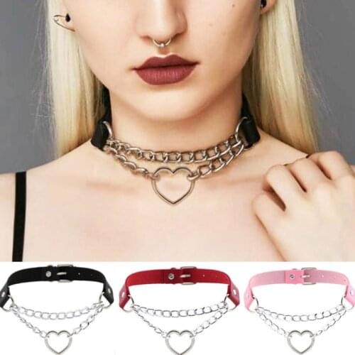 Egirl Harajuku Heart Pendant Sexy Night Club Choker Necklace for Women Girl Chain Belt Buckle Faux Leather Choker Party Jewelry
