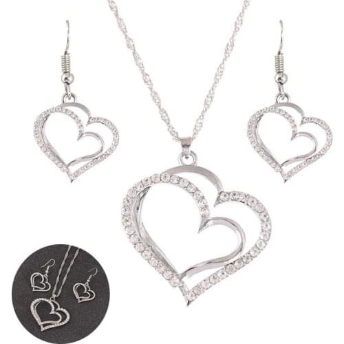 Double Heart Shaped Earrings Necklace Fashion Women Jewelry Set Wedding Dinner