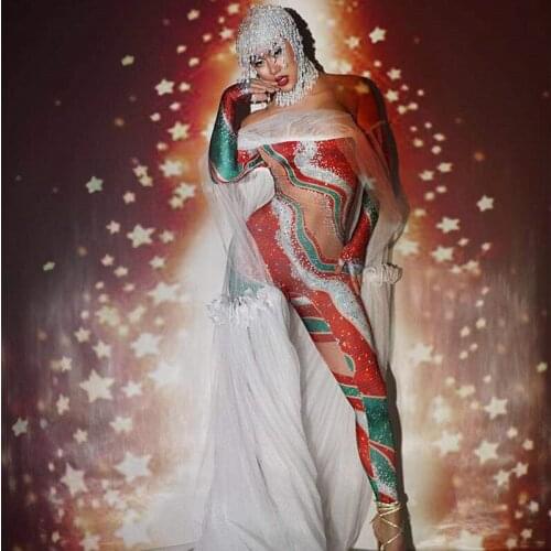 2020 Christmas Rave Party Male Female Dance Costume Elastic Printing Skinny Jumpsuit Cloak Sexy Bar Club Singer Dancer Show Wear