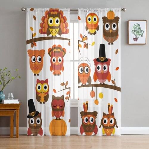 Animal Owl Branches Leaves Maple Pumpkin Sheer Curtain for Living Room Bedroom Kitchen Modern Tulle Window Treatment Home Decor