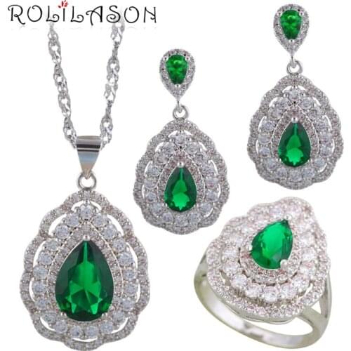 ROLILASON Green Zircon Water drop Silver filled 925 stamped Anniversary Jewelry Sets Earrings Necklace rings JS699