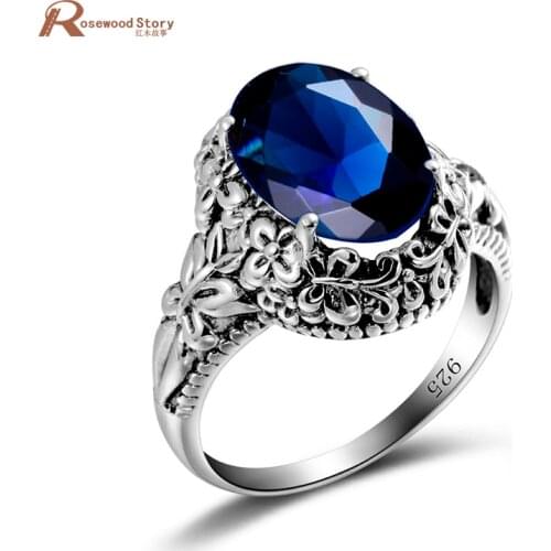 Luxury Jewelry Vintage Cocktail Rings for Women Lab Sapphire Stones Rose Shape Sweet 925 Sterling Silver Party Jewelry Gifts