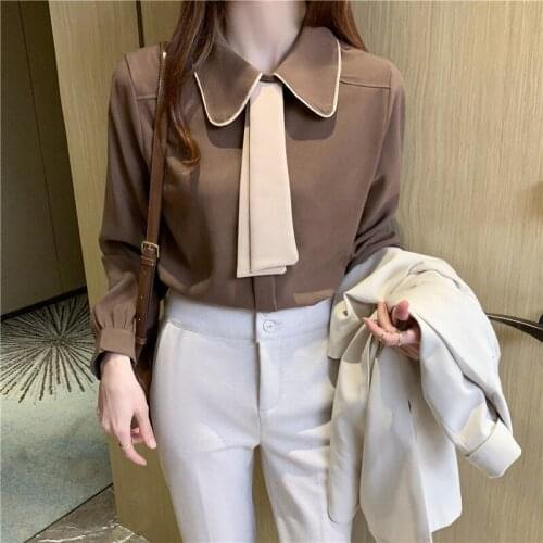 2021 Long Sleeve Bow Tie Shirt Spring and Autumn New Fashion Women Clothing Loose Shirt Womens Blouse Tops Blusas Mujer Y353