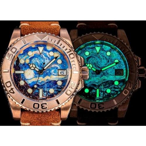 SHIRRYU NH35A Automatic Watch Mens CuSn8 Solid Bronze Case With Hand-Made Pattern Diver Watch Movement Retro Mechanical Watches