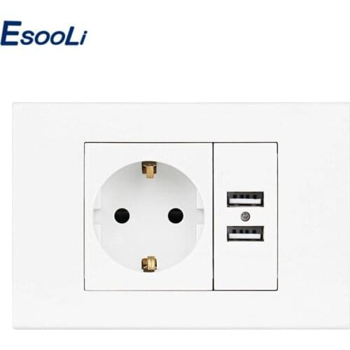Esooli Wall USB Socket Plug Grounded 16A EU Standard Outlet With 1000mA Dual USB Socket Charger Port for Mobile 118mm*80mm
