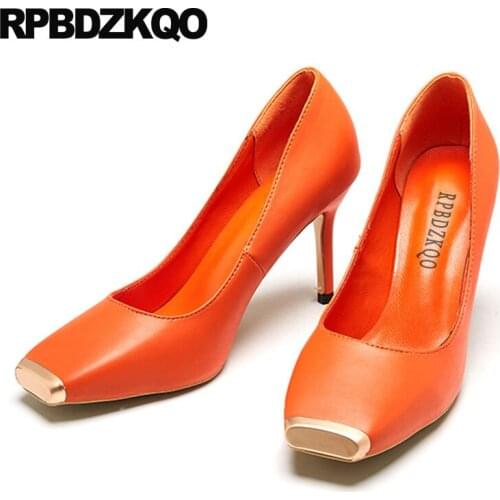 High heels black 2019 square toe metal thin new fashion scarpin 8cm orange pumps shoes size 4 34 china autumn ladies elegant