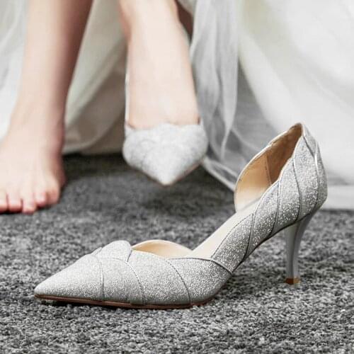 2021 spring small stiletto heels pointed shallow mouth sequins petals single shoes banquet dress bride bridesmaid shoes women