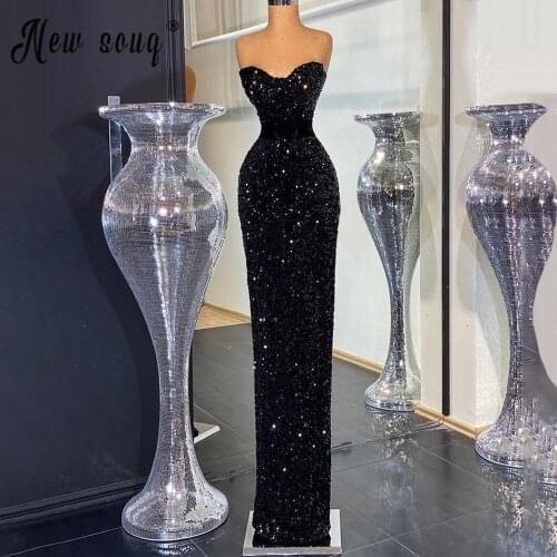 African Black Strapless Long Evening Dress Hot Sparkly Sequins with Belt Evening Gowns Party Dress vestido de festa Robe Soiree
