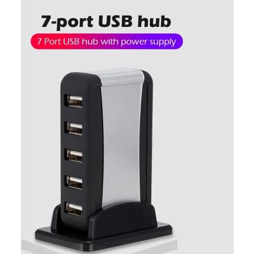 Vertical USB Hub Multi 7 Ports USB 2.0 Splitter with Power Adapter for PC Computer Accessories