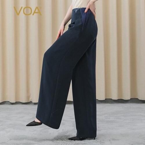 VOA Heavyweight 30m/m Silk Navy Mid Waist Yarn Dyed Jacquard Stitching Pleated Side Pocket Wide Leg Pants for Women KE303