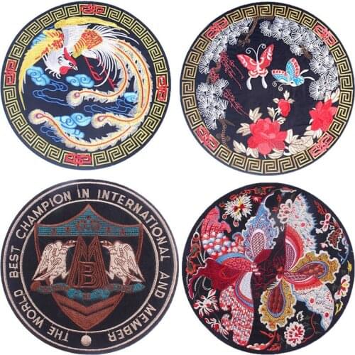 Large Round Embroidery Patches for Clothing DIY Decorations Iron on Cloth Appliques Ancient China Phoenix Patterns Luxury Badges