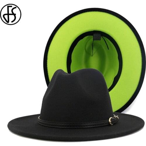 FS 60CM Hat Women Men Black Green Patchwork Wool Felt Fedora Hats with Belt Buckle Double-Sided Color Wide Brim Jazz Panama Cap