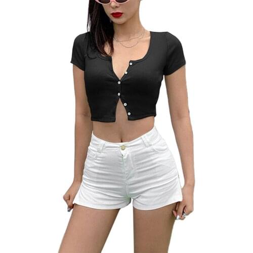 Women Button Up T-shirt Top Lady Girls Short Sleeve U-neck Crop Tops Ladies Summer Fashion Buttons Solid Tees Clothing