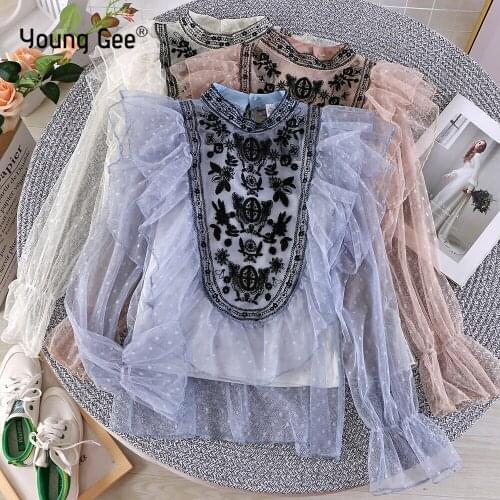 Young Gee Luxury Designer Floral Embroidery Women Party Blouse O-Neck Flare Sleeve Top Sheer Mesh Ruffles Polka Dots Blouses