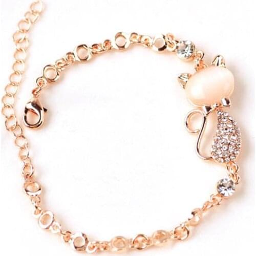 Cute Cats Eye Opals Rhinestone Lovely Cat Bracelets For Women Femme Girl Bangle Chain Jewelry Gift Wholesale