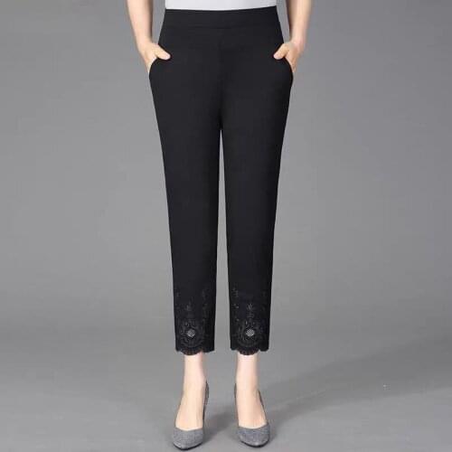 Women Trousers 2021 Spring Summer Elastic High Waist Casual Pants Plus Size 5XL Middle-aged Female Embroidery Straight Pants