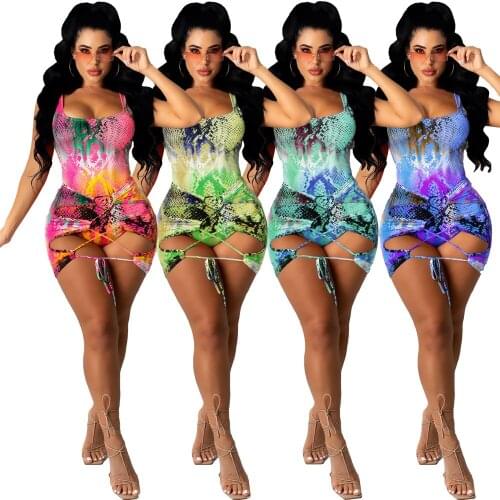 2021 Serpentine Print Swimsuit Two Piece Set Women Sexy Tank Bodysuit Top Lace Up Bodycon Mini Skirt Fashion Swimwear Suit