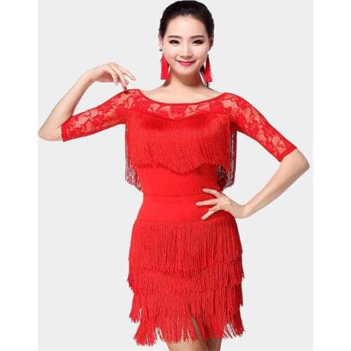 Fashion New Adult Womens Slim Tasseled Lace Latin Salsa Dancing Dress Slope Shoulder Costumes Size M-3XL Black Red Blue