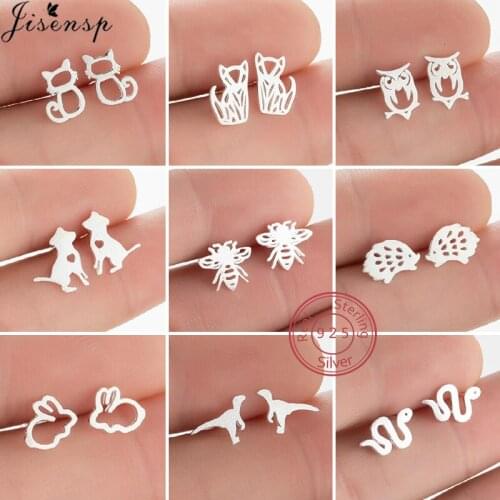 100% 925 Sterling Silver Earrings Women Fine Jewelry Lovely Hedgehog Snake Bee Owl Ear Studs Sterling-Silver-Jewelry Party Gifts