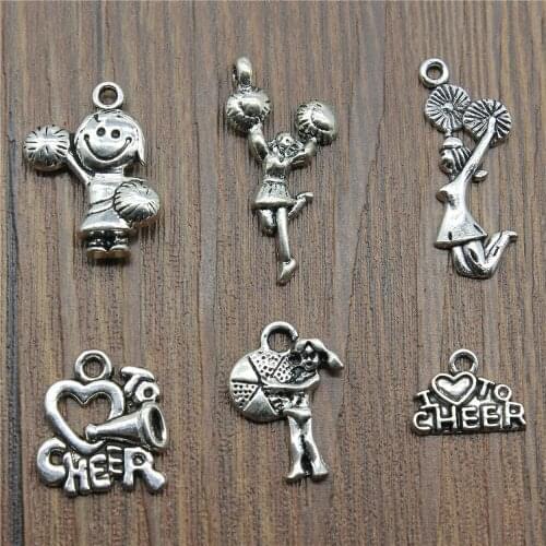 15pcs Cheerleader Charms Pendants Jewelry Making Sport Cheerleader Charms Antique Silver Color
