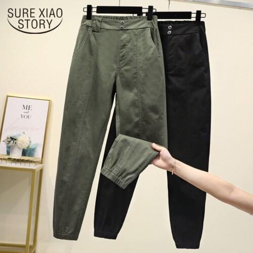 Cargo Pants Women High Waist Plus Size Casual Loose Broadcloth Elastic Waist Ankle-length Army Green Black Trousers Women 11701