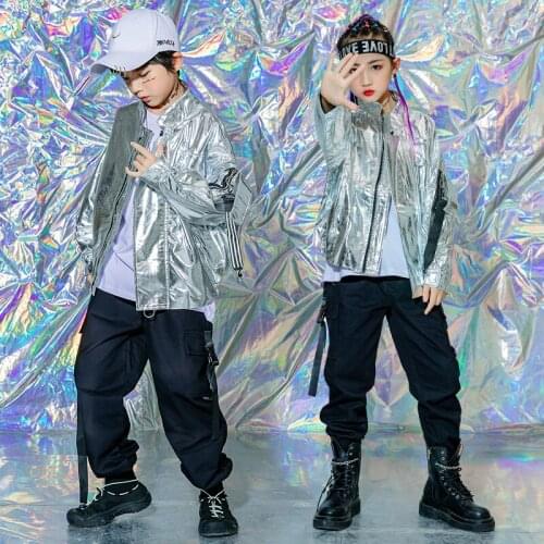 Kids Cool Hip Hop Clothing Silver Jacket Tops Coat Tactical Cargo Pants For Girl Boy Jazz Dance Costume Clothes Street Wear