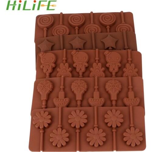 HILIFE 6 Lattices Hard Candy Mold DIY Chocolate Dessert Starfish Flower Silicone Mould Lollipop Mold With Plastic Rod