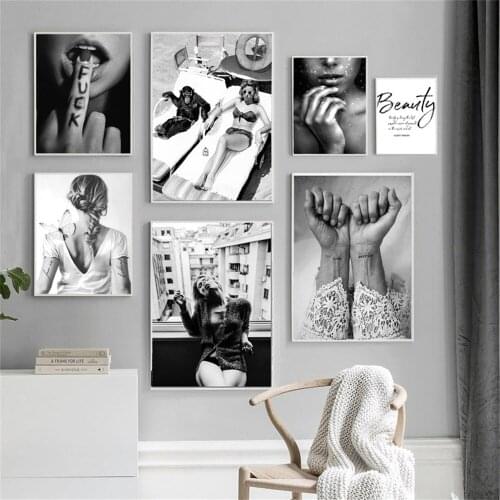 Smoking Girl Women & Gorilla Painting Black White Sexy Lips Lady Wall Art Canvas Prints Poster Retro Photo Fashion Picture Decor