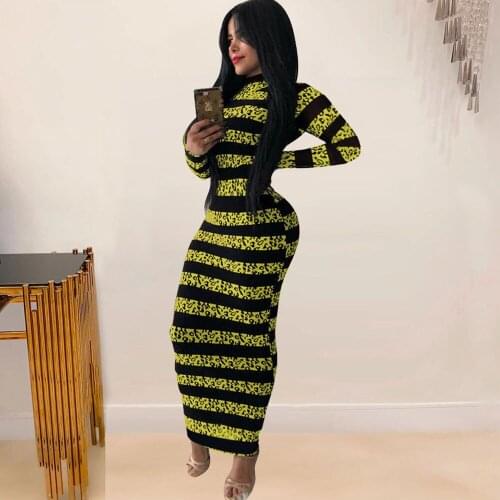 Leopard Striped Printed Maxi Dresses for Women 2020 Elegant Long Sleeve Party Club Christmas Bandage Bodycon Dress Robe Femme