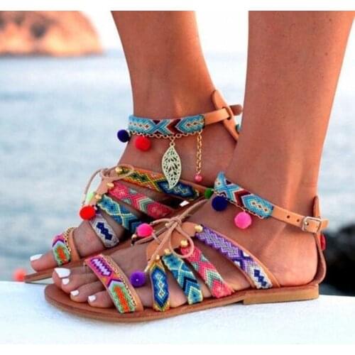 Summer Shoes Womens Sandals Bohemian Gladiator Leather Sandals Flats Summer Shoes Woman Pom-Pom Sandals For Women sandalia