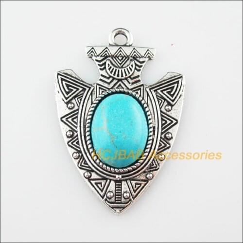 Fashion 4Pcs Retro Tibetan Silver Shield Oval Stone Charms Pendants 31x45.5mm