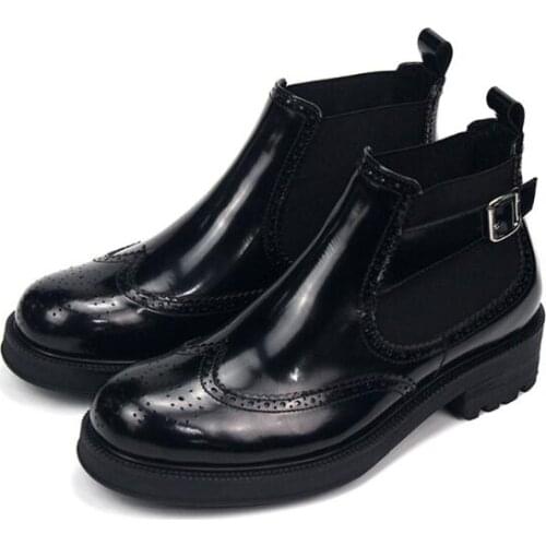 Winter carved Mens shoes Genuine Leather Men Boots Round toe Buckle short Ankle Boots for men