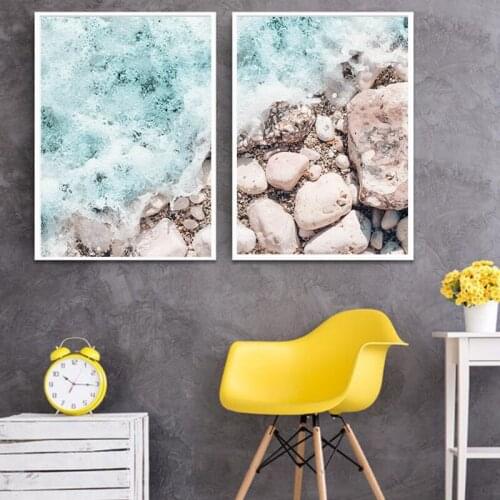 Nordic Fresh Style Picture Wall Art Canvas Painting Blue Ocean Waves Stones Poster Modern Home Decoration For Living Room