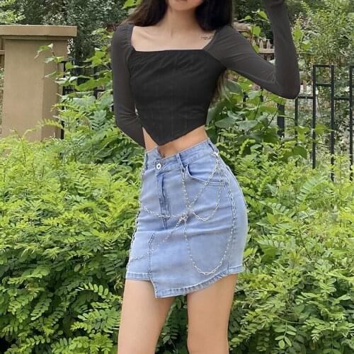 New female slim sexy square neck long sleeve solid color cropped T-shirt for women