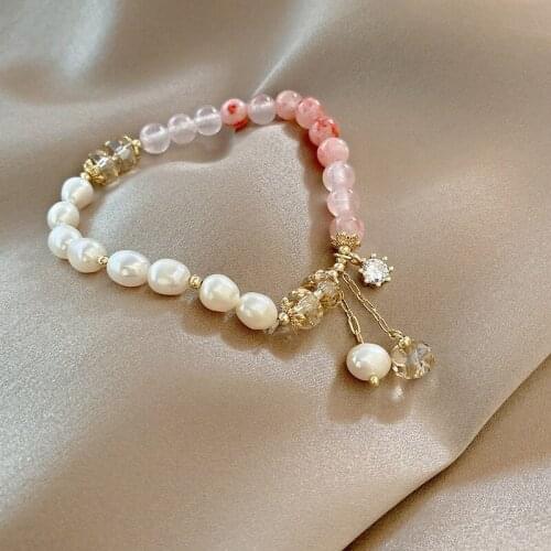 Origin Summer Classic Genuine Pearl Beaded Bracelets for Women Ladies Clear Shinning Crystal Pendant Charm Bracelet Jewelry