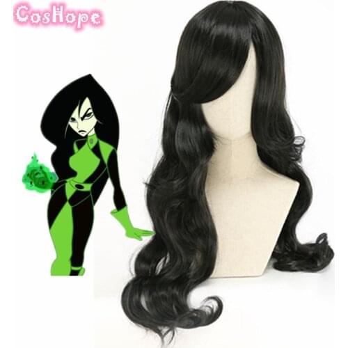 Shego Cosplay Kim Possible Cosplay Wig 80cm Long Curly Wave Black Wig Cosplay Anime Cosplay Wigs Heat Resistant Synthetic Wigs