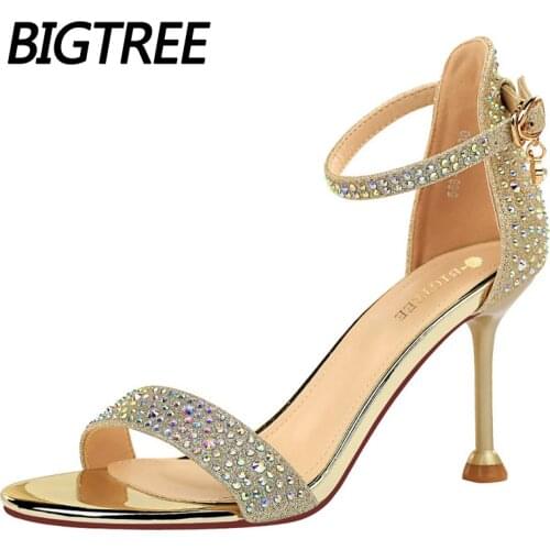 Sexy High Heels Open Toe Women Shoes Rhinestone Woman Pumps Gold Sliver Wedding Shoes Women Kitten Heels Summer Women Sandals