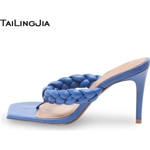 Womens Blue PU Leather High Heels Square Toe Stiletto Flip Flops Summer Sandals Thong Shoes Ladies Big Size Slippers Party Shoe