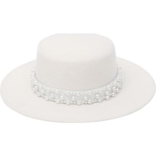 Women Wool Fedora Hat With Bead Ribbon Gentleman Elegant Lady Wide Brim Church Panama Sombrero Jazz Cap