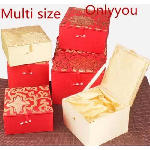 Tall Square Cotton Filled Chinese Wood Silk Brocade Box Gift Luxury Jewelry Packaging Collection Decorative Case for Storage