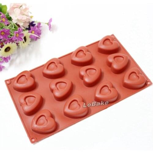 High quality 12 cavities red heart doughnut shape molde silicona chocolate fondant pudding jelly candy moule a gateau DIY tools