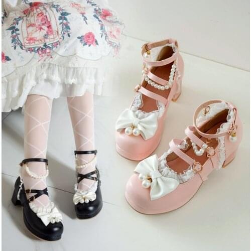 OLOMLB Womens Lolita Round Toe Bowknot Pearls Kawaii Cosplay Shoes Sandals Block Heel Cross strap Plus Size 34-43 Mary Janes NEW