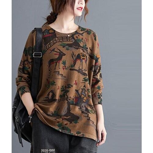 Women Loose Casual Sweater New Arrival 2020 Autumn Vintage Style Print O-neck Female Long Sleeve Knitted Pullovers S2778